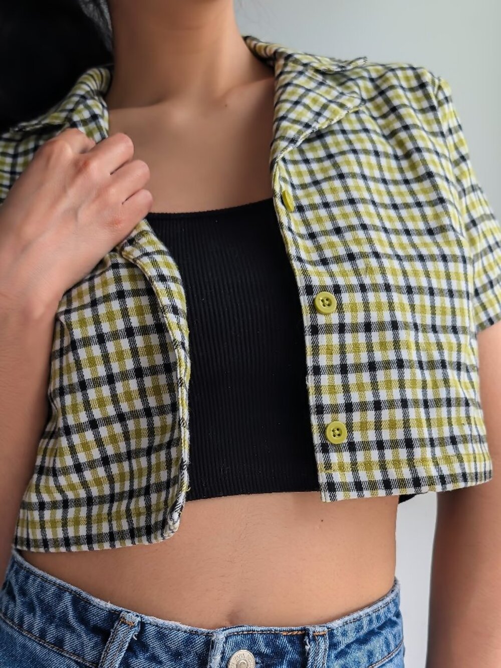 Lime Plaid Cropped Short Sleeve Button-Up